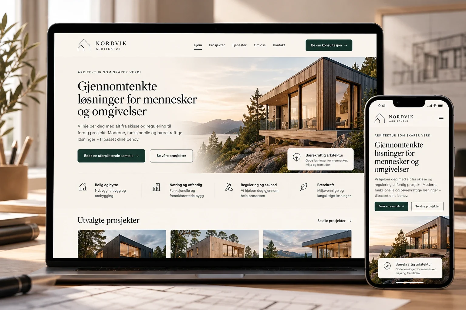 Mal for hjemmeside for arkitekt, vist på PC og mobil